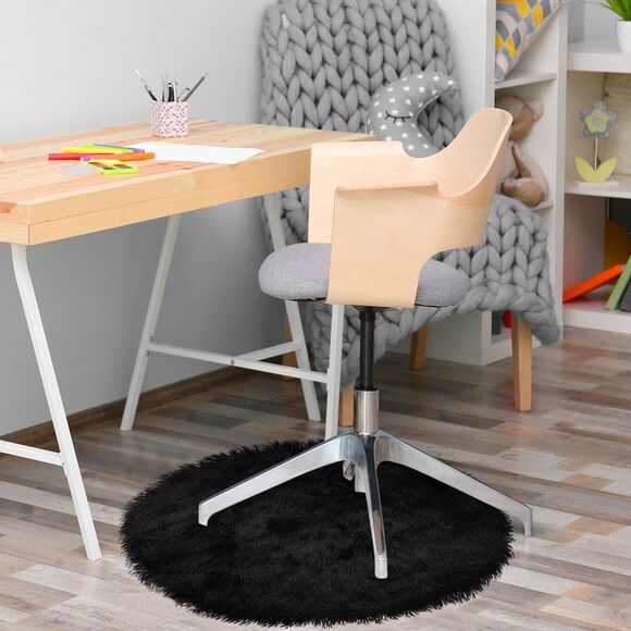 Faux Fur Round Rug Fluffy Area Rugs for Bedroom 2 x 2 Feet Black - Picture 4 of 6